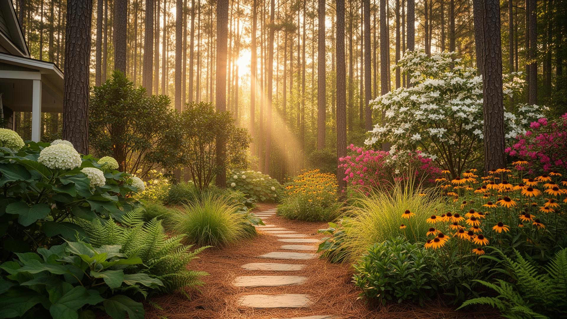 Quiet garden path bordered by pines
