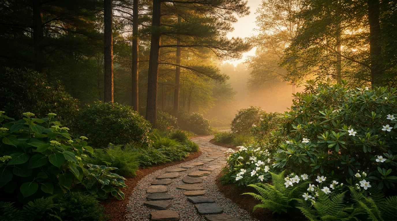 Serene Piedmont NC garden path at golden hour