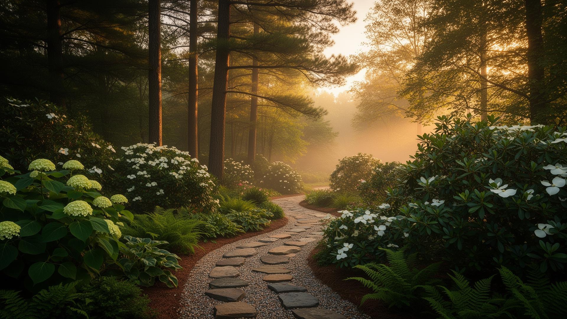 Serene Piedmont NC garden path at golden hour